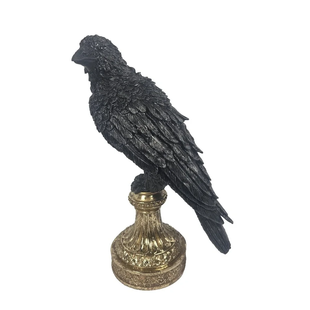 Spooky Night Raven Statue Halloween Decor 14in Black Gold Gothic Pedestal NWT
